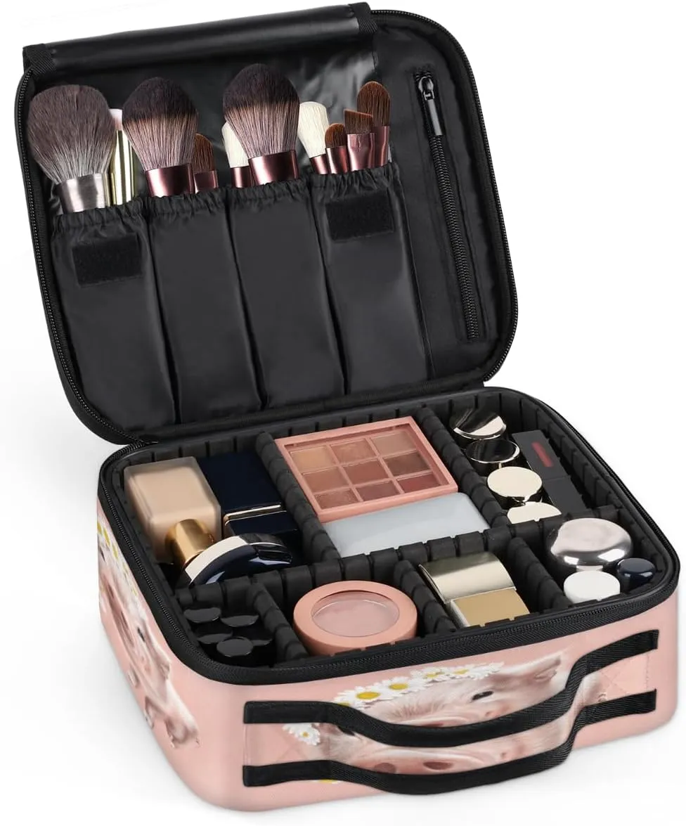 Cute Pig Daisy Makeup Train Case Travel Makeup Bag Professional Cosmetic Organizer Portable Storage Box with Adjustable Dividers for Cosmetics Makeup Brushes Toiletry