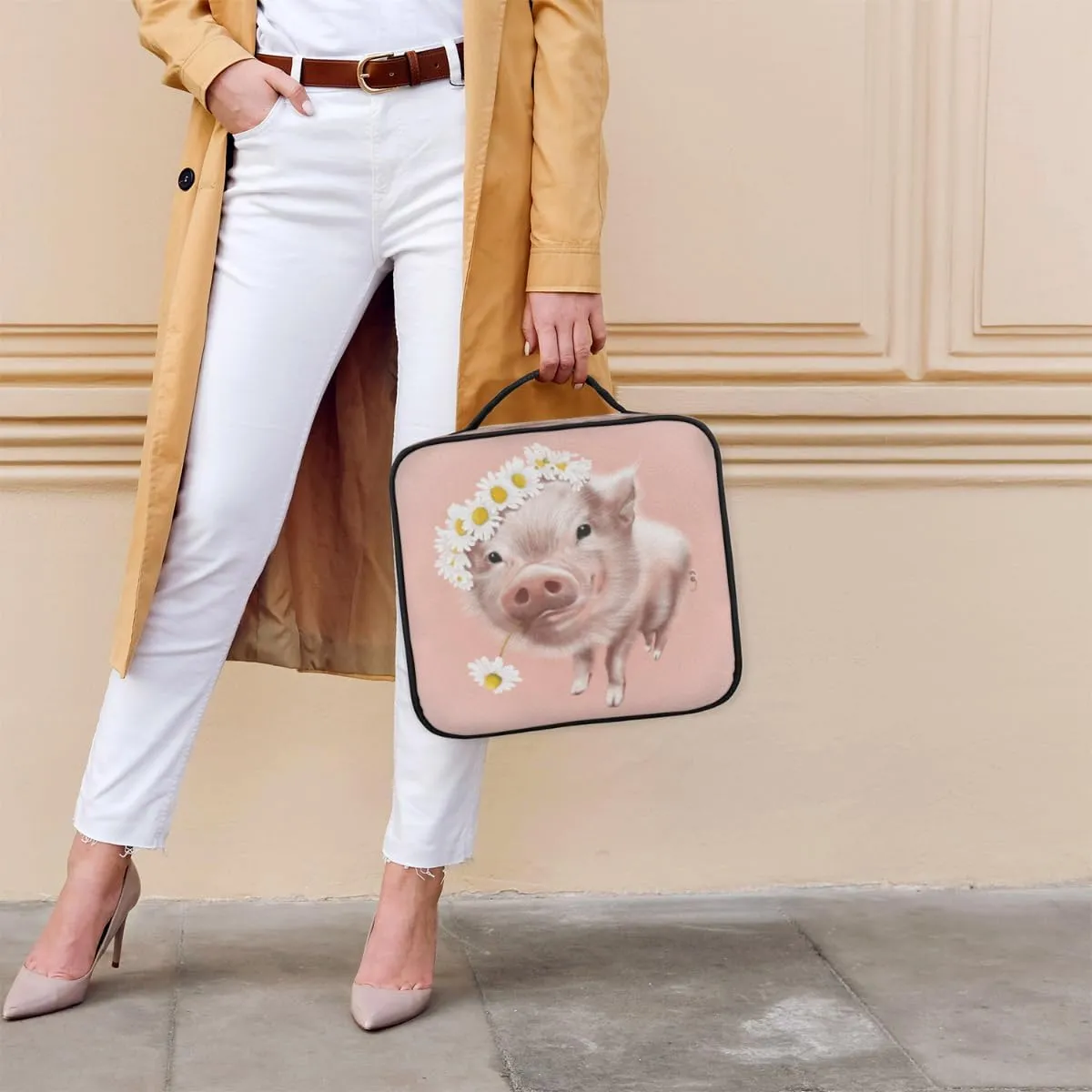Cute Pig Daisy Makeup Train Case Travel Makeup Bag Professional Cosmetic Organizer Portable Storage Box with Adjustable Dividers for Cosmetics Makeup Brushes Toiletry
