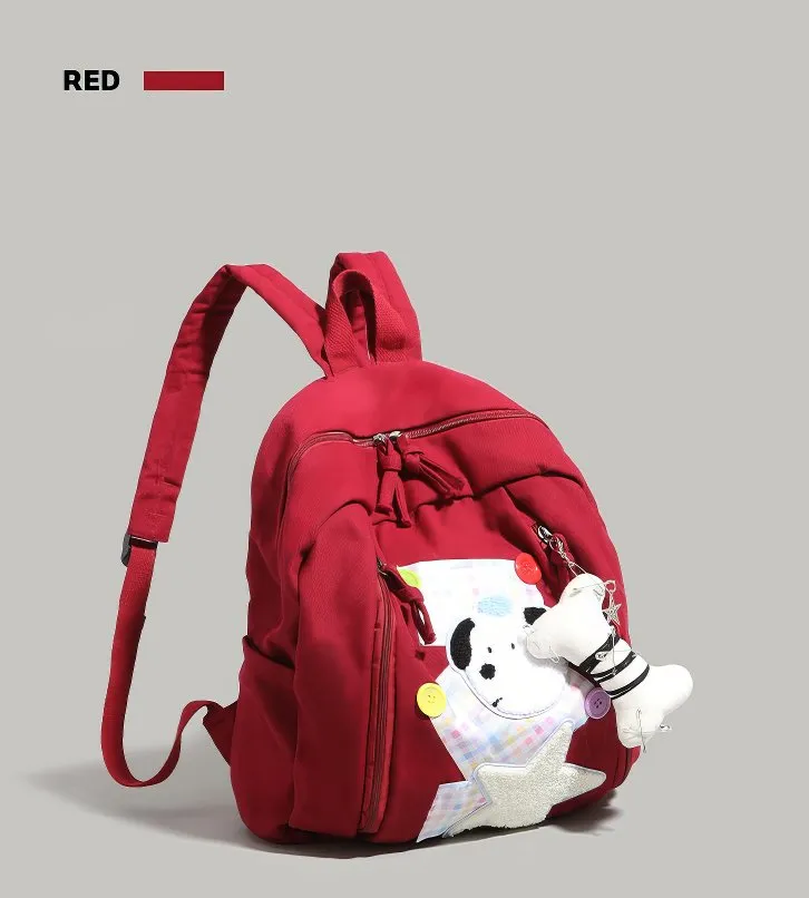 Cute Red Patchwork Schoolbag with Dog and Star Appliques