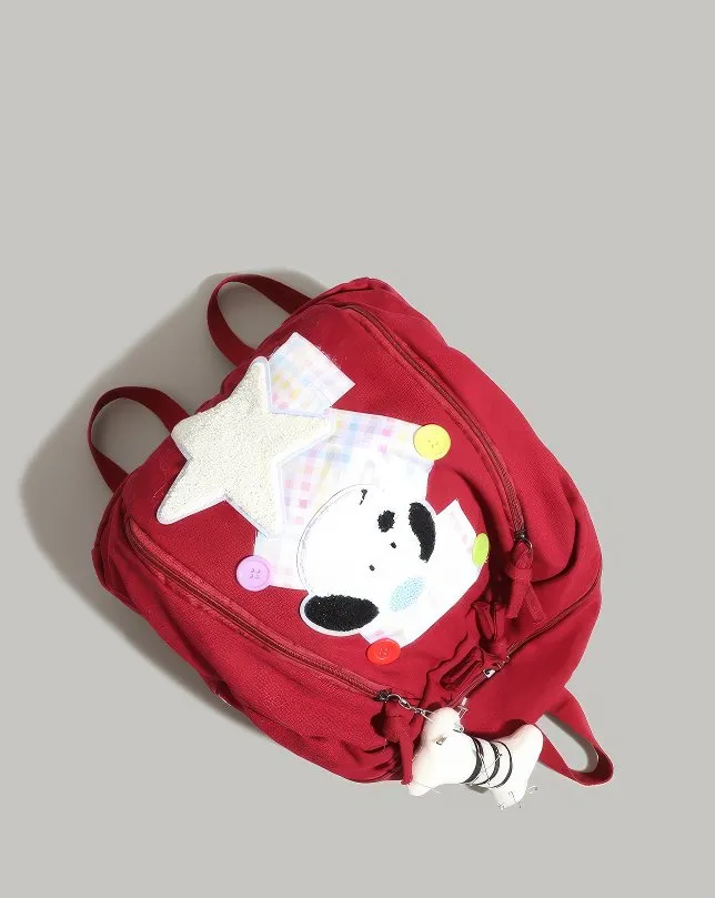 Cute Red Patchwork Schoolbag with Dog and Star Appliques