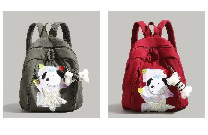 Cute Red Patchwork Schoolbag with Dog and Star Appliques