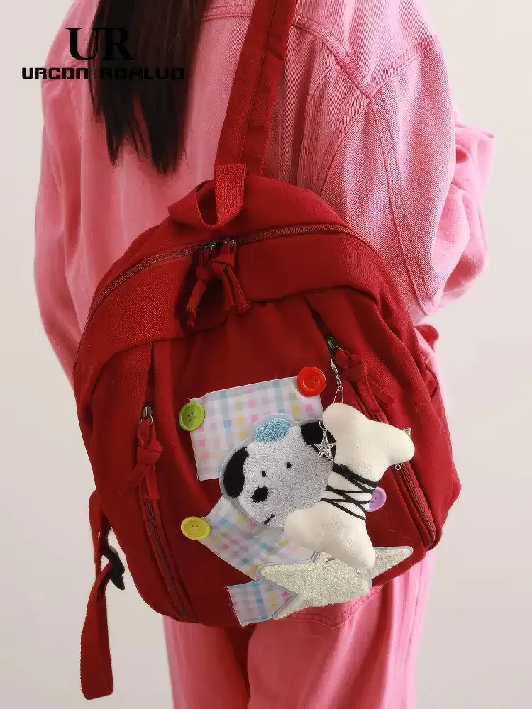 Cute Red Patchwork Schoolbag with Dog and Star Appliques