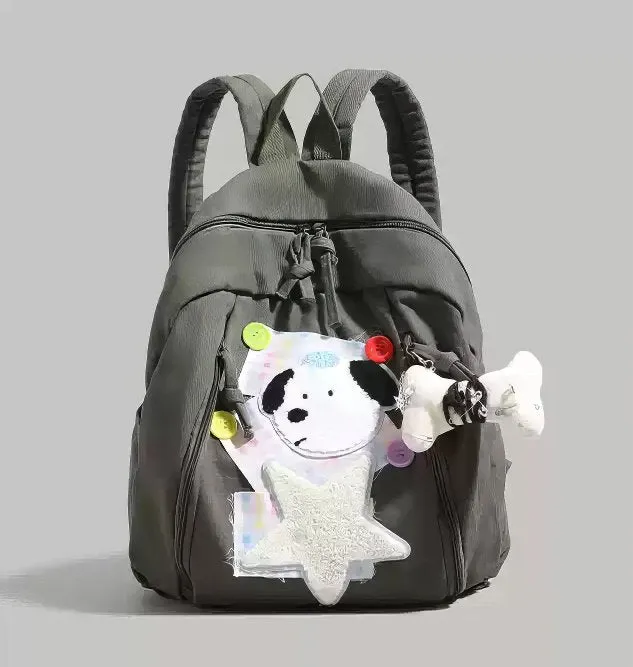 Cute Red Patchwork Schoolbag with Dog and Star Appliques