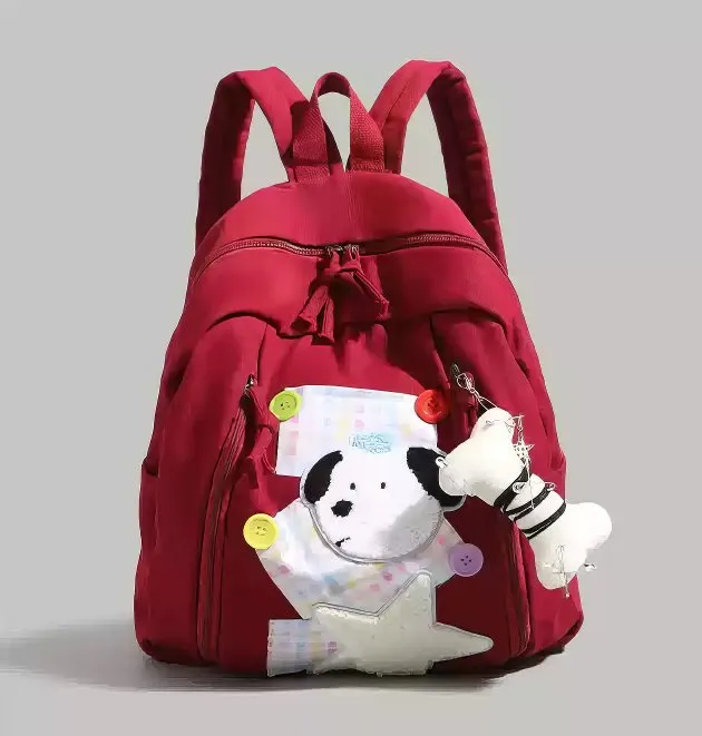 Cute Red Patchwork Schoolbag with Dog and Star Appliques