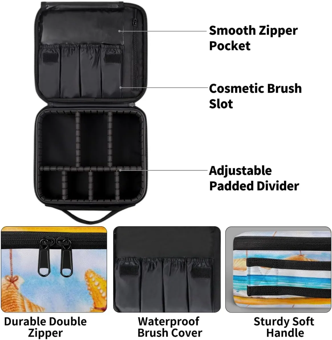 Cute Seashells Makeup Train Case Travel Makeup Bag Professional Cosmetic Organizer Portable Storage Box with Adjustable Dividers for Cosmetics Makeup Brushes Toiletry