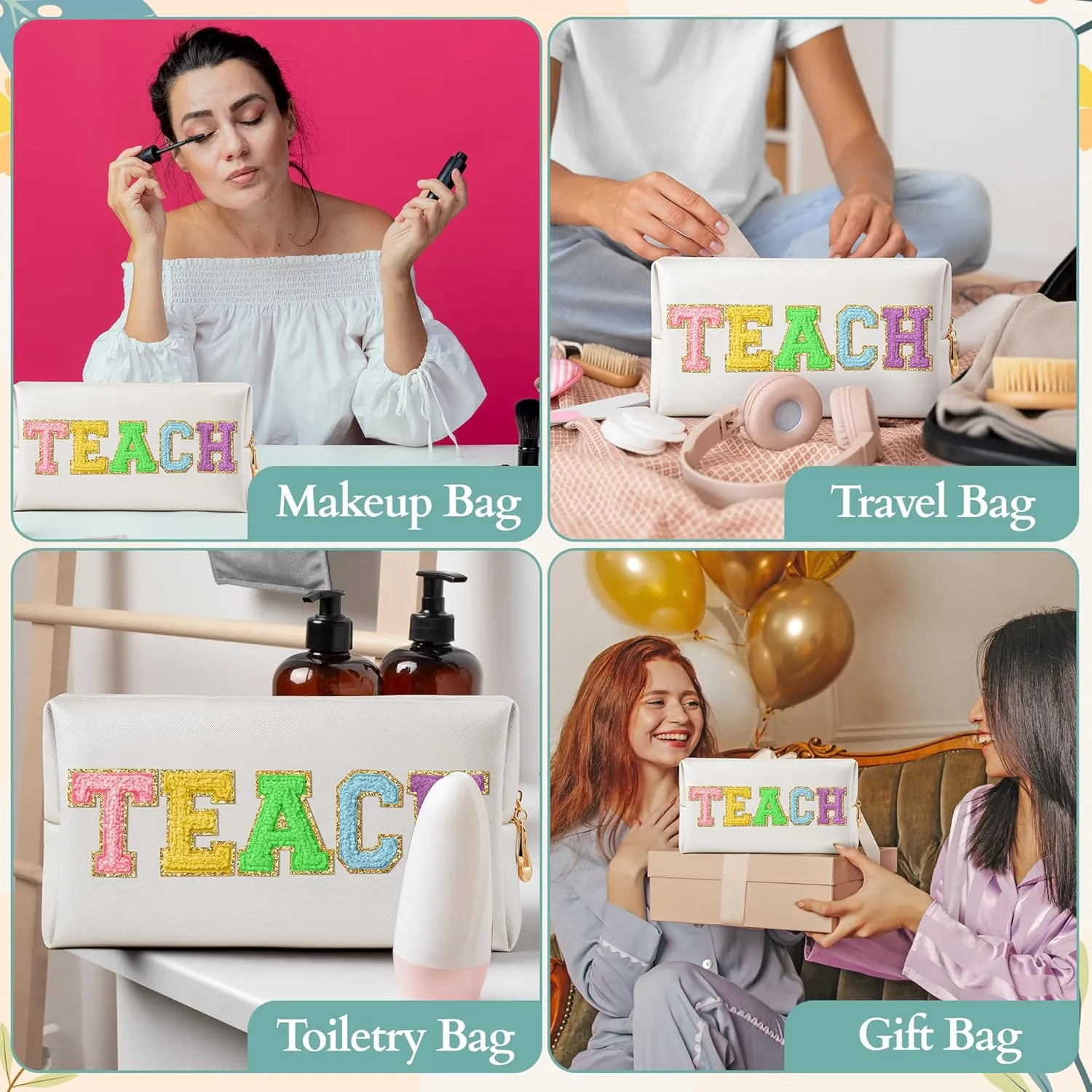 CY2SIDE TEACH Letter Makeup Bag - Colorful TEACH Chenille Letter Patch Cosmetic Bag White PU Leather Patch Travel Pouch Waterproof Portable Zipper Travel Organizer Case for Teacher Appreciation Gifts