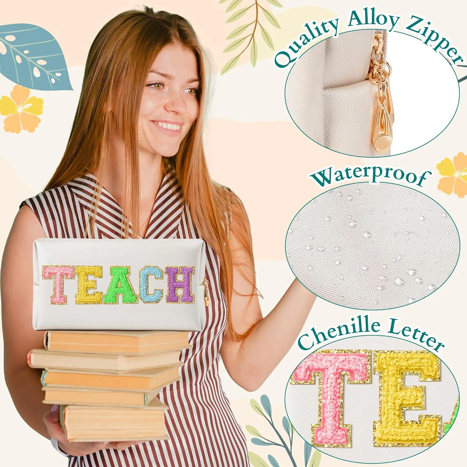 CY2SIDE TEACH Letter Makeup Bag - Colorful TEACH Chenille Letter Patch Cosmetic Bag White PU Leather Patch Travel Pouch Waterproof Portable Zipper Travel Organizer Case for Teacher Appreciation Gifts