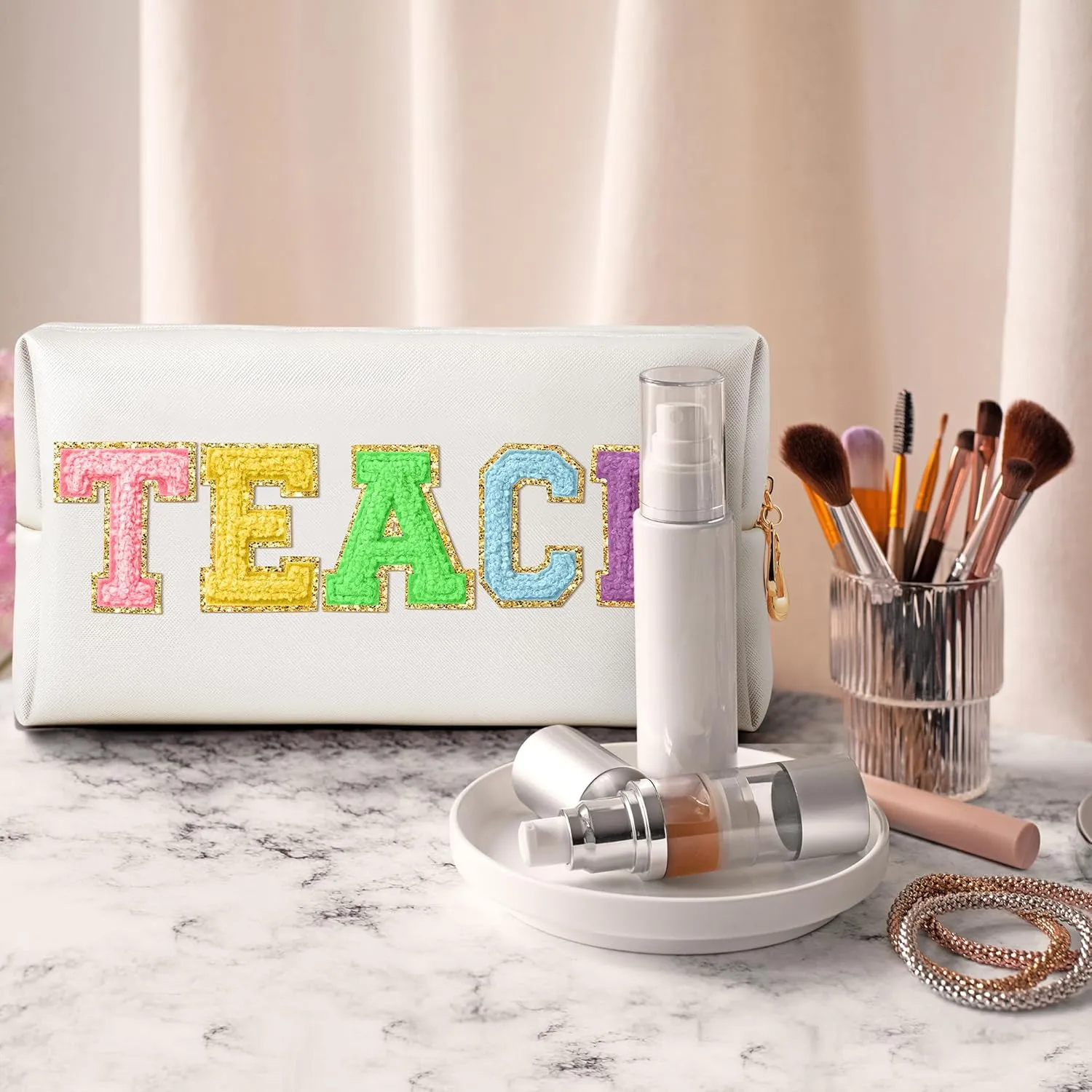 CY2SIDE TEACH Letter Makeup Bag - Colorful TEACH Chenille Letter Patch Cosmetic Bag White PU Leather Patch Travel Pouch Waterproof Portable Zipper Travel Organizer Case for Teacher Appreciation Gifts