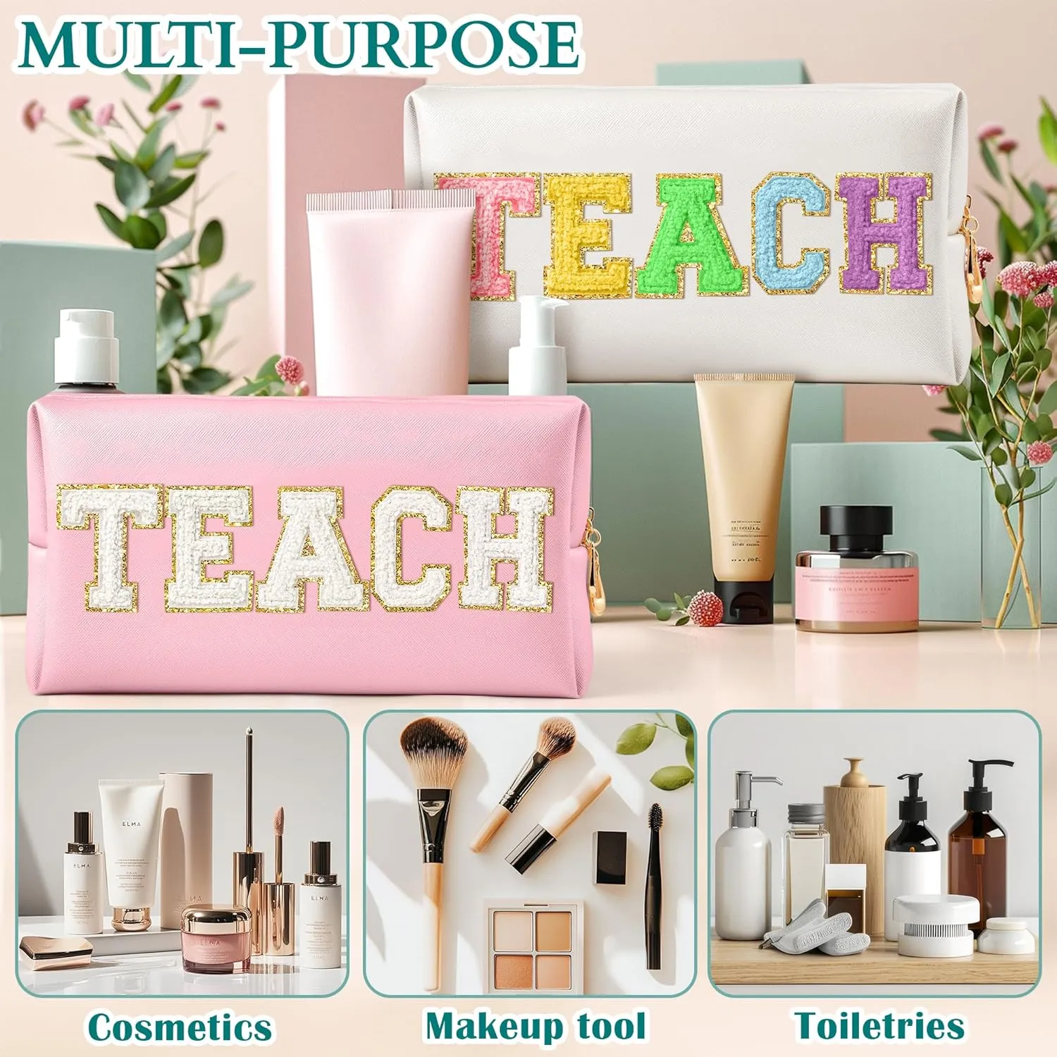 CY2SIDE TEACH Letter Makeup Bag - Colorful TEACH Chenille Letter Patch Cosmetic Bag White PU Leather Patch Travel Pouch Waterproof Portable Zipper Travel Organizer Case for Teacher Appreciation Gifts
