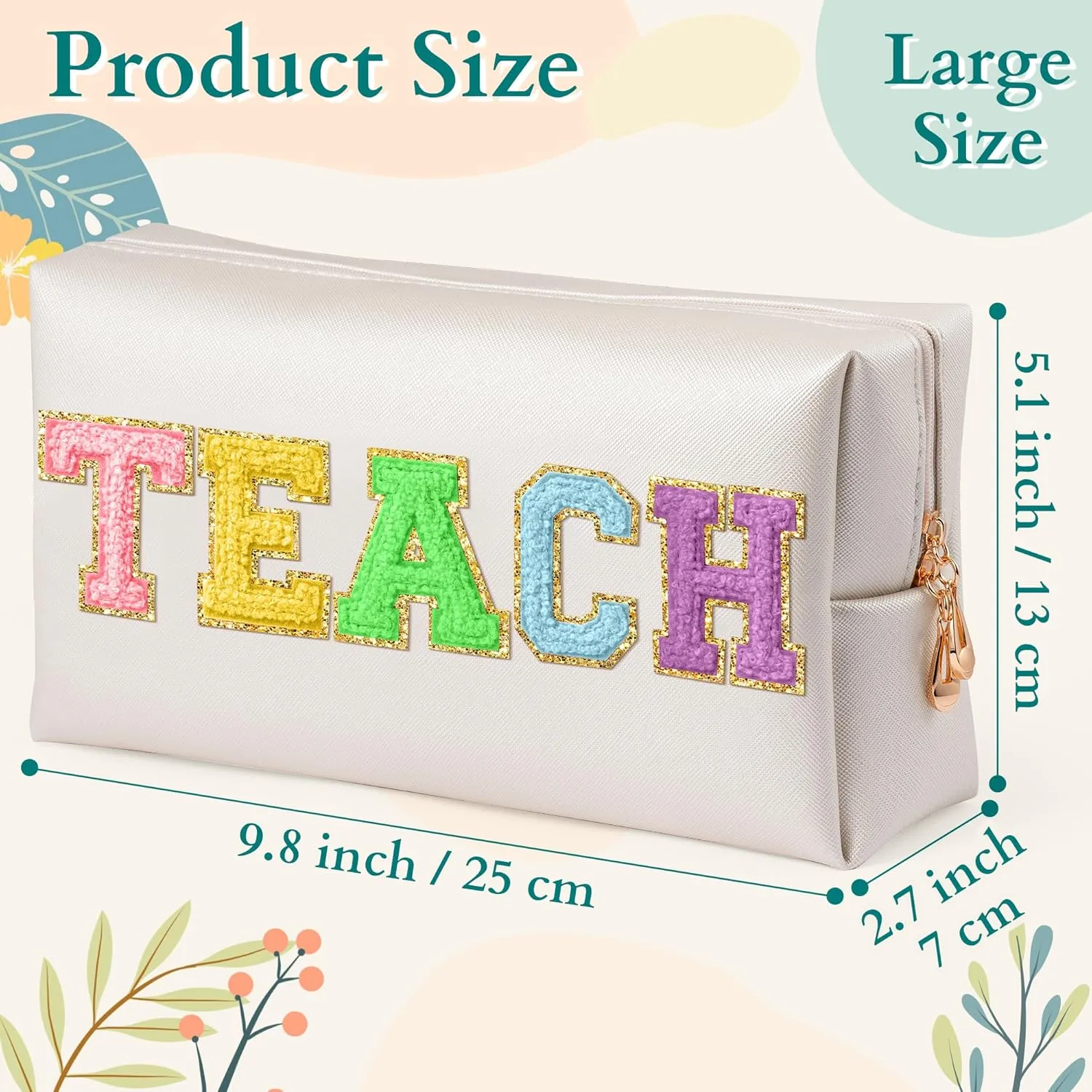 CY2SIDE TEACH Letter Makeup Bag - Colorful TEACH Chenille Letter Patch Cosmetic Bag White PU Leather Patch Travel Pouch Waterproof Portable Zipper Travel Organizer Case for Teacher Appreciation Gifts