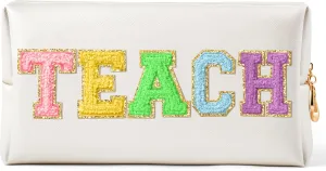 CY2SIDE TEACH Letter Makeup Bag - Colorful TEACH Chenille Letter Patch Cosmetic Bag White PU Leather Patch Travel Pouch Waterproof Portable Zipper Travel Organizer Case for Teacher Appreciation Gifts