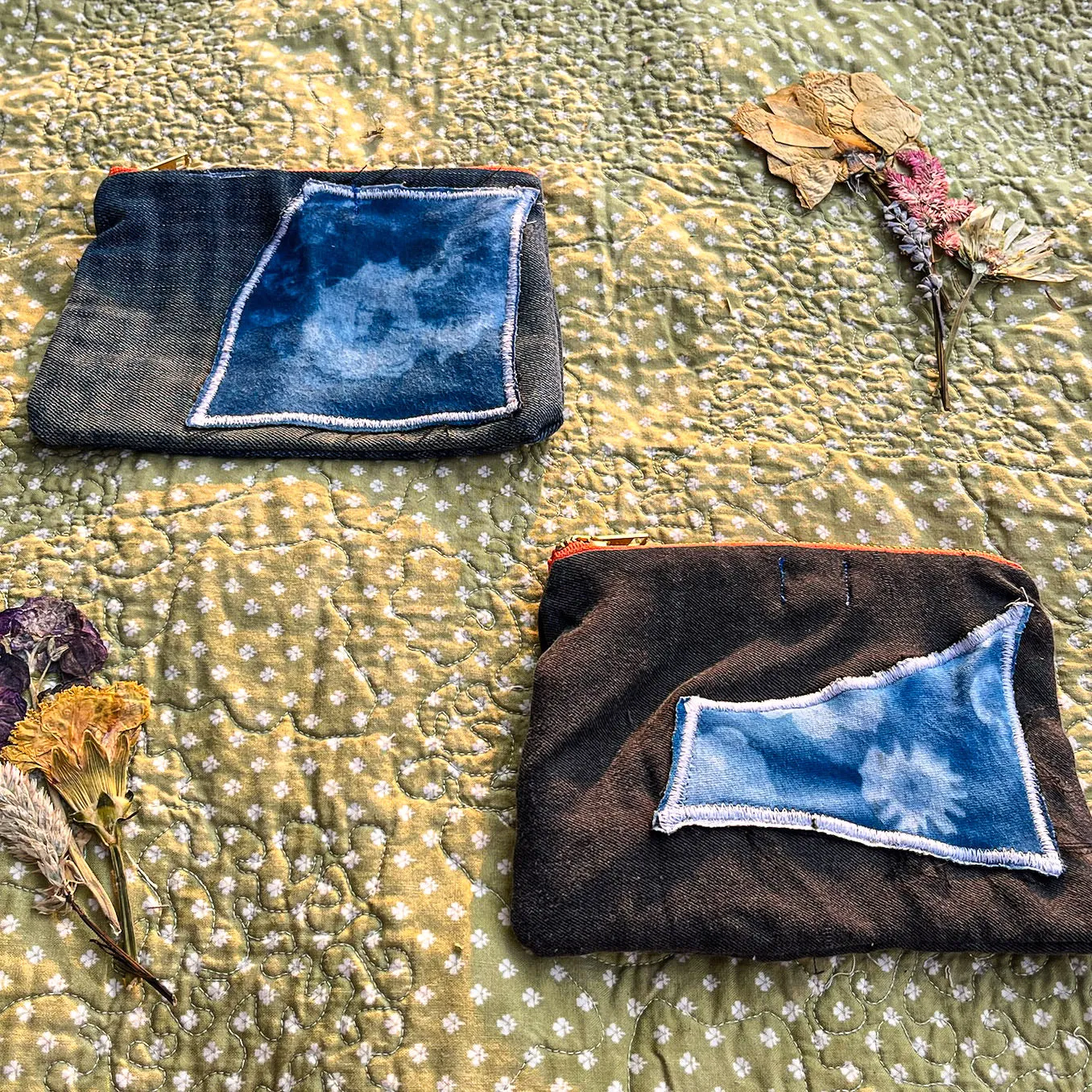 Cyanotype Patches on Denim Pouches