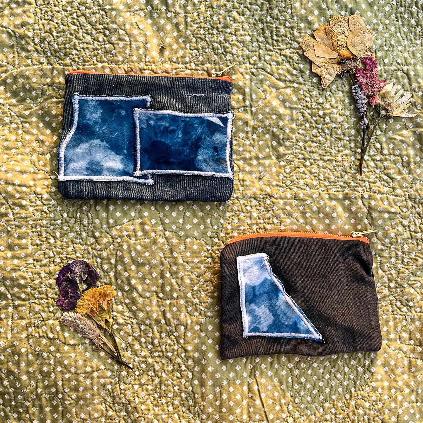 Cyanotype Patches on Denim Pouches