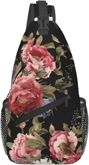 Dark Vintage Floral Pattern Sling Bag for Women Men Watercolor Peonies and Delphinium Crossbody Backpack Cute Spring Flower Print Sling Backpack Casual Shoulder Bag Travel Hiking Daypack
