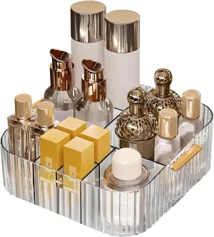DASITON Acrylic Makeup Organizer,9 Slots Makeup Brush Holder,Makeup Storage with Handle,Vintage Striped Cosmetic Organizer for Desk Storage Container,Vanity,Bathroom(Clear)