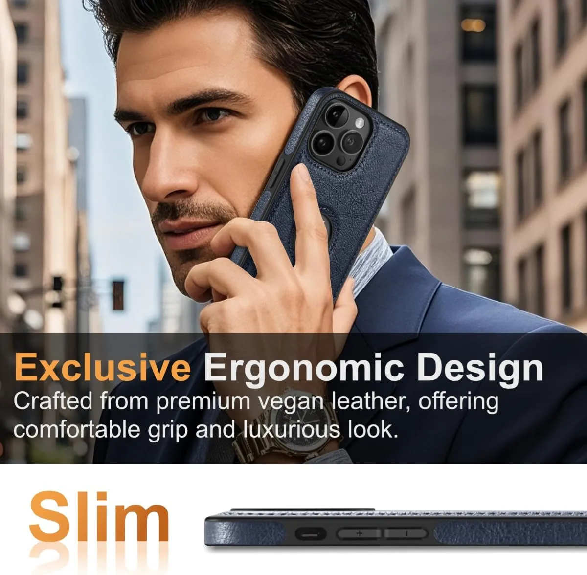 Design Compatible with iPhone 12 & iPhone 12 Pro Case Luxury Leather Business Vintage Slim Non-Slip Soft Grip Shockproof Protective Cover (2020) 6.1 Inch (Blue)