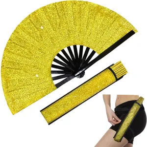 dmjuncong Large Folding Shiny Rave Fan,Clack Handheld Fan with Leg Strap and Fabric Case Bag,for Festivals,Carnival,Rainbow Outfits,Disco Party,Home Decoration and many occasions.Gold