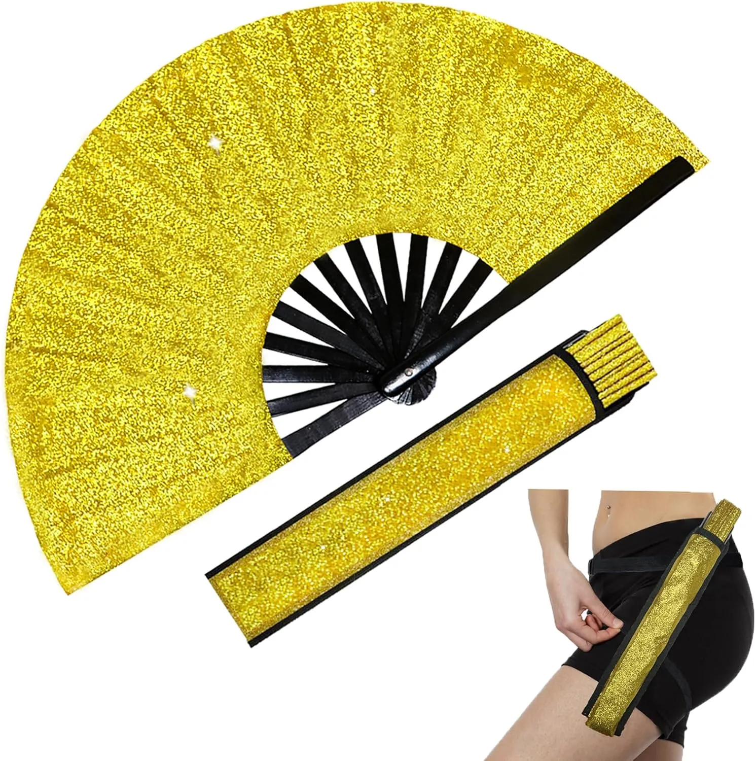 dmjuncong Large Folding Shiny Rave Fan,Clack Handheld Fan with Leg Strap and Fabric Case Bag,for Festivals,Carnival,Rainbow Outfits,Disco Party,Home Decoration and many occasions.Gold