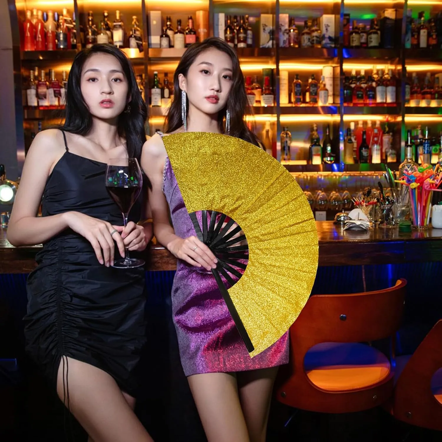 dmjuncong Large Folding Shiny Rave Fan,Clack Handheld Fan with Leg Strap and Fabric Case Bag,for Festivals,Carnival,Rainbow Outfits,Disco Party,Home Decoration and many occasions.Gold