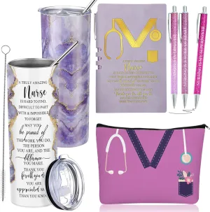 Domensi 6 Pcs Cna Week Appreciation Gifts 2025 for Women Medical Nursing Assistant 20 oz Marble Sign Nurse Tumbler Makeup Bag Notepad with Ballpoint Pen for Graduation Nursing Student(Purple)