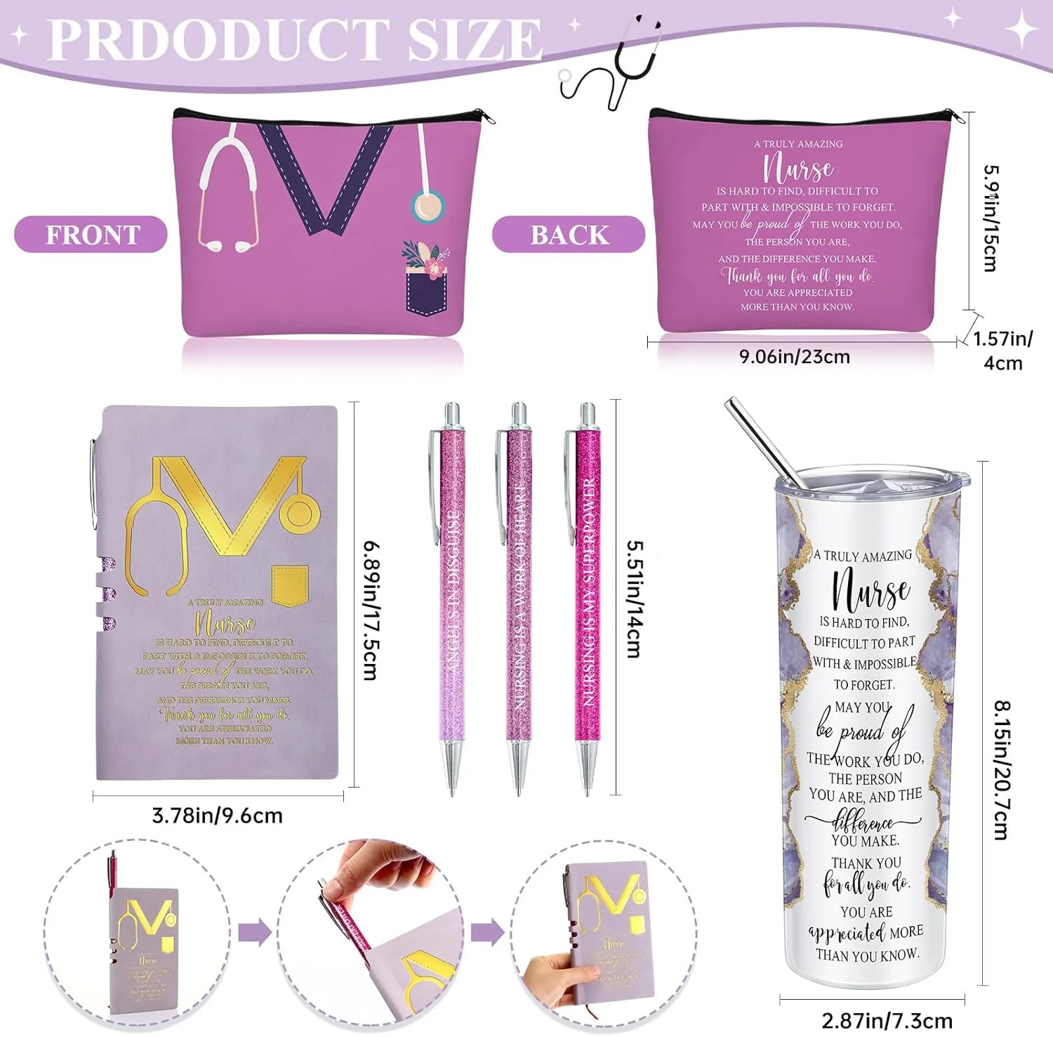 Domensi 6 Pcs Cna Week Appreciation Gifts 2025 for Women Medical Nursing Assistant 20 oz Marble Sign Nurse Tumbler Makeup Bag Notepad with Ballpoint Pen for Graduation Nursing Student(Purple)