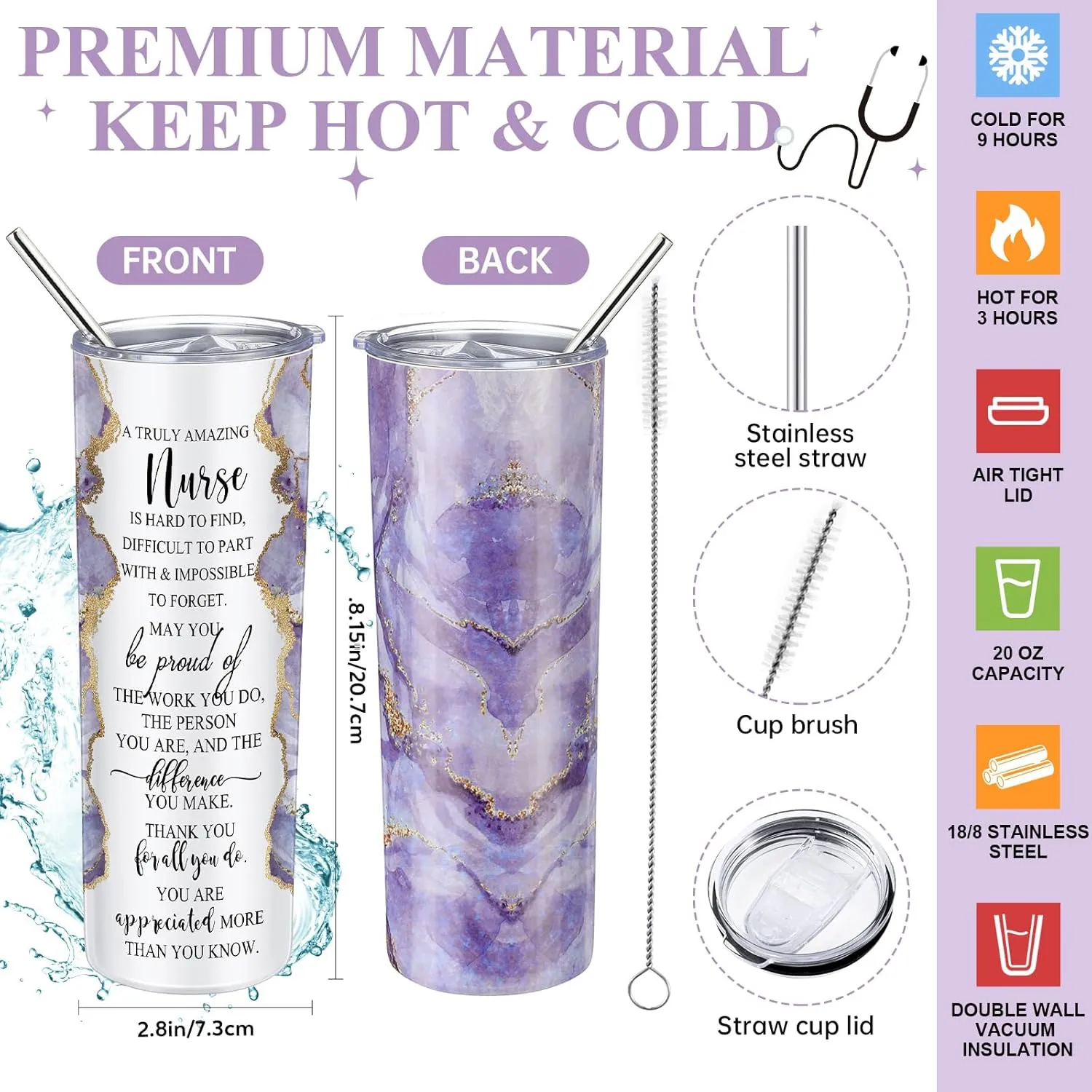 Domensi 6 Pcs Cna Week Appreciation Gifts 2025 for Women Medical Nursing Assistant 20 oz Marble Sign Nurse Tumbler Makeup Bag Notepad with Ballpoint Pen for Graduation Nursing Student(Purple)