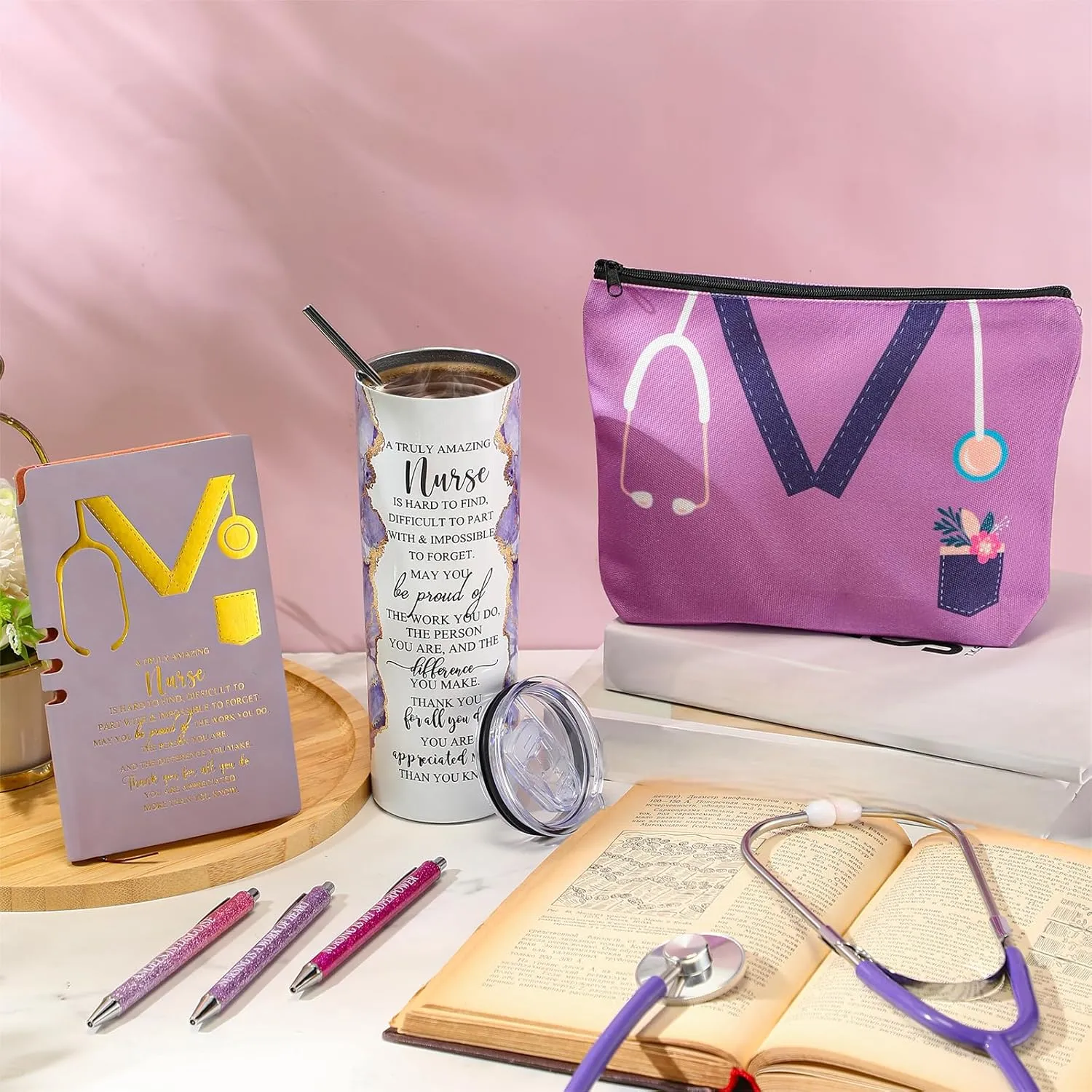 Domensi 6 Pcs Cna Week Appreciation Gifts 2025 for Women Medical Nursing Assistant 20 oz Marble Sign Nurse Tumbler Makeup Bag Notepad with Ballpoint Pen for Graduation Nursing Student(Purple)