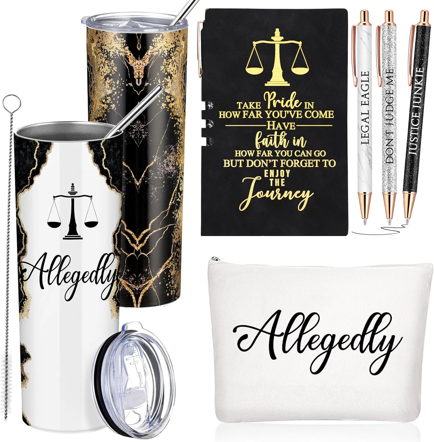 Domensi 6 Pcs Funny Allegedly Lawyer Gifts Judge Gift Lawyer Appreciation Day Gift 20 oz Marble Sign Tumbler Makeup Bag Notepad Ballpoints for Law Paralegal School College Teacher(Black)