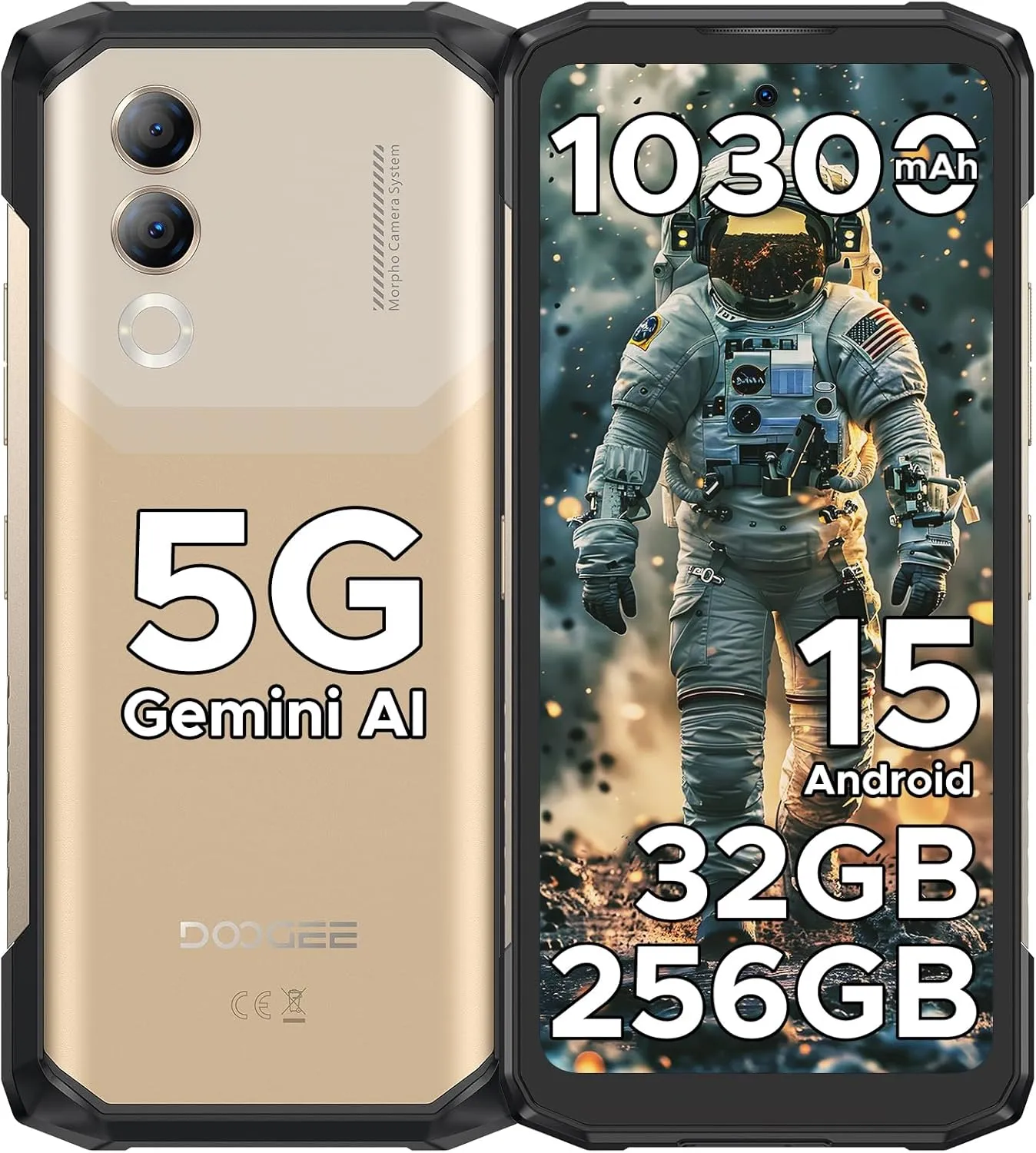 DOOGEE Blade 20 Turbo 5G Rugged Phone Unlocked,32GB 256GB/TF 2TB,10300mAh Battery/33W,Dimensity 7050 Android 15 Rugged Smartphone,6.6”HD  IPS Display,50MP 16MP,Dual Unlock/NFC/WiFi6/3 Card Slot,Golden