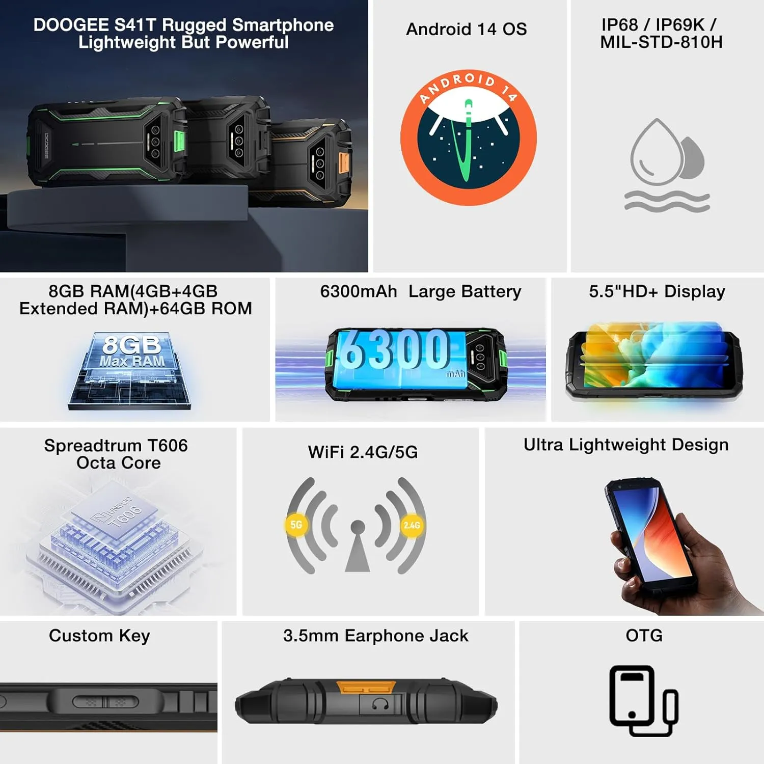 DOOGEE S41T Rugged Phone Unlocked 2025,Android 14 6300mAh Battery,8GB 64GB,4G Dual Sim Rugged Smartphone,13MP Camera,IP68 Waterproof Cell Phone,Face Unlock,NFC/T-Mobile