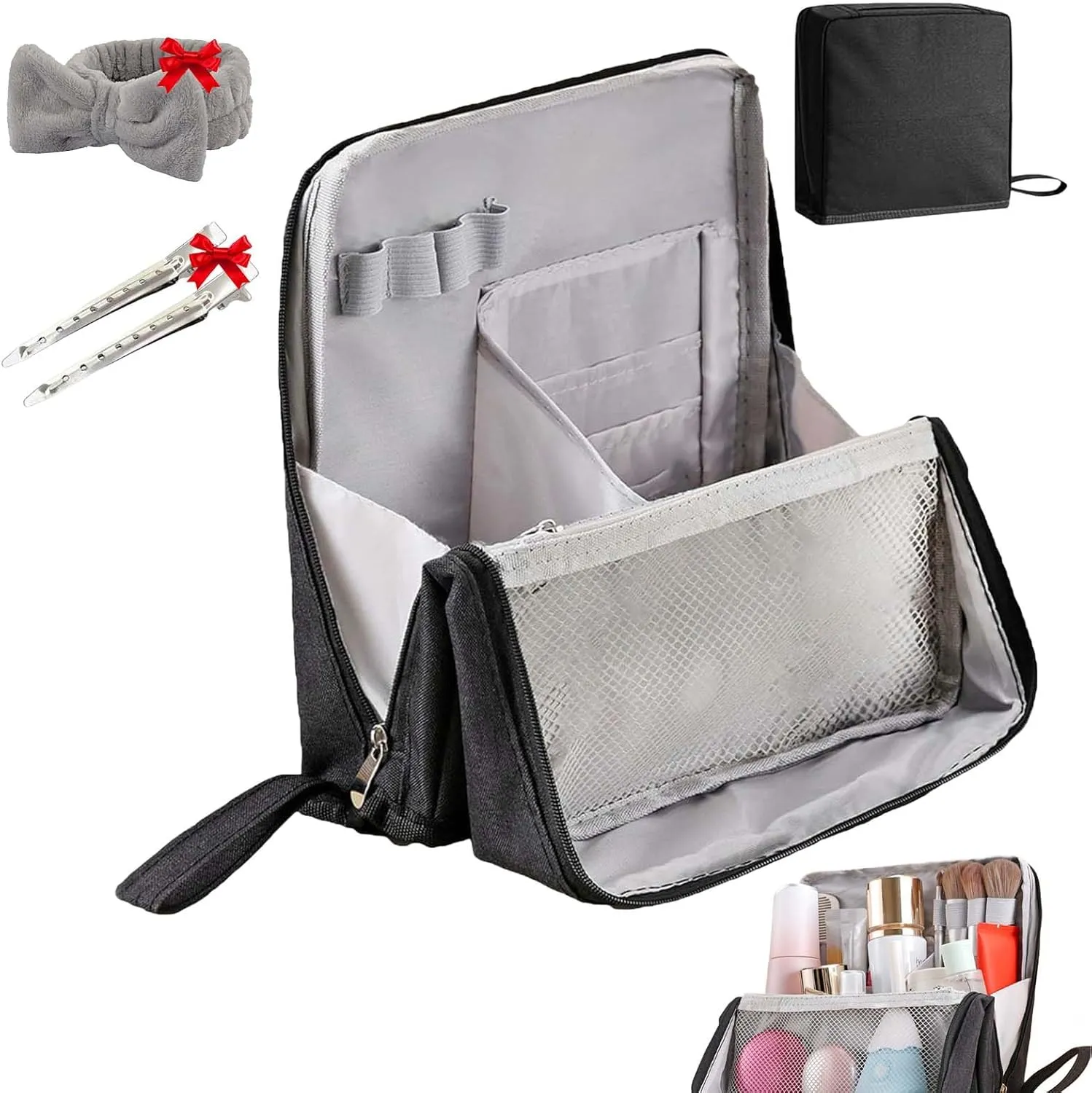 Doresty Makeup Bag Large, Doresty Makeup Bag Set, Upright Cosmetic Organizer – Portable, Large Capacity, Portable Vertical Opening Cosmetic Organizer with Compartments (Black)