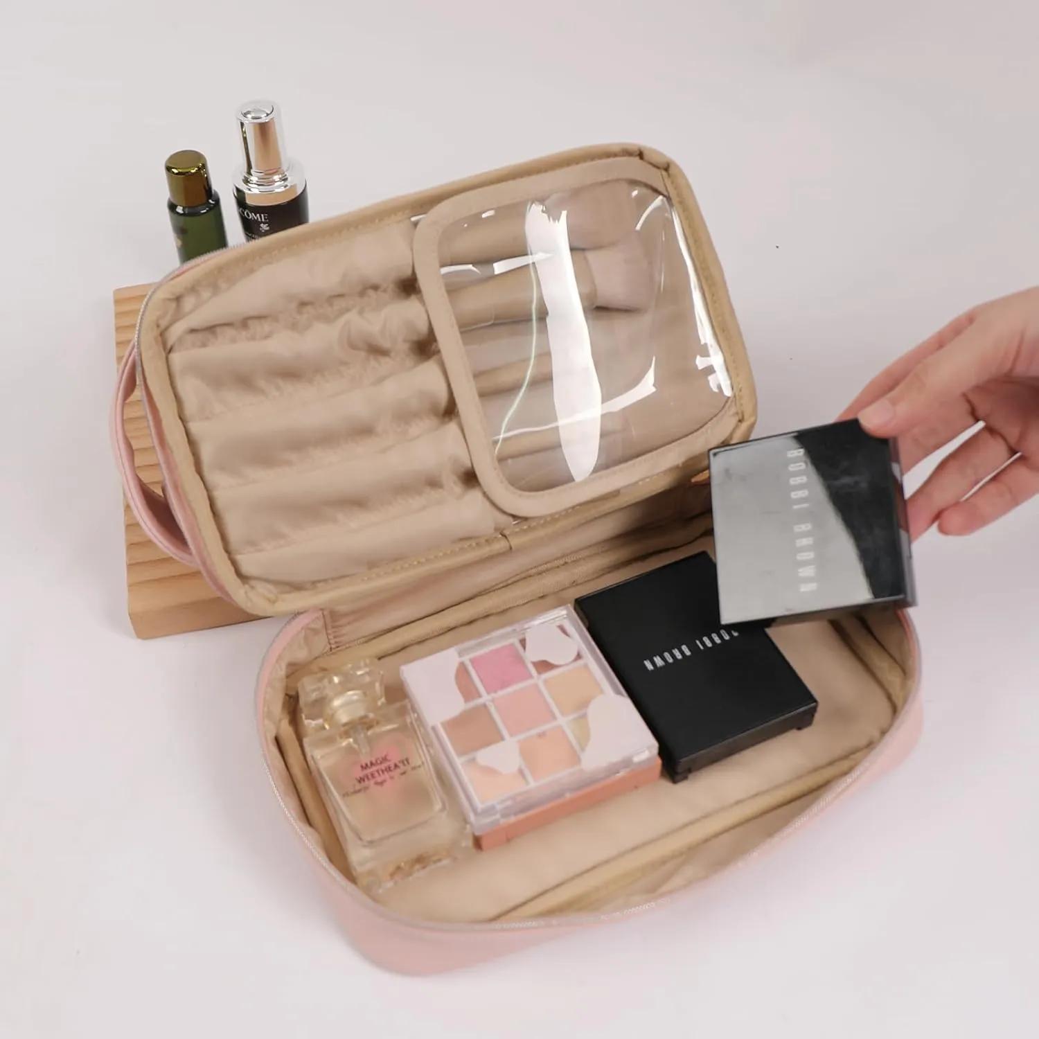 Double Layer Makeup Bag, Large Waterproof Travel Bag with Handle and Brush Compartment for Women (Light Pink)