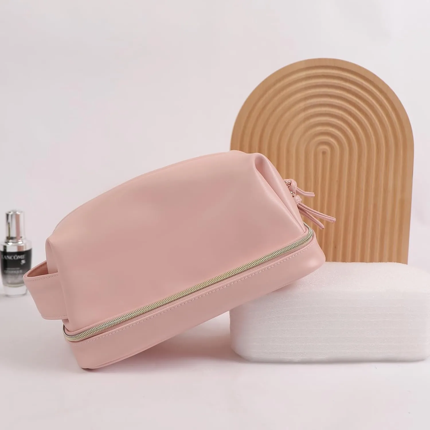 Double Layer Makeup Bag, Large Waterproof Travel Bag with Handle and Brush Compartment for Women (Light Pink)