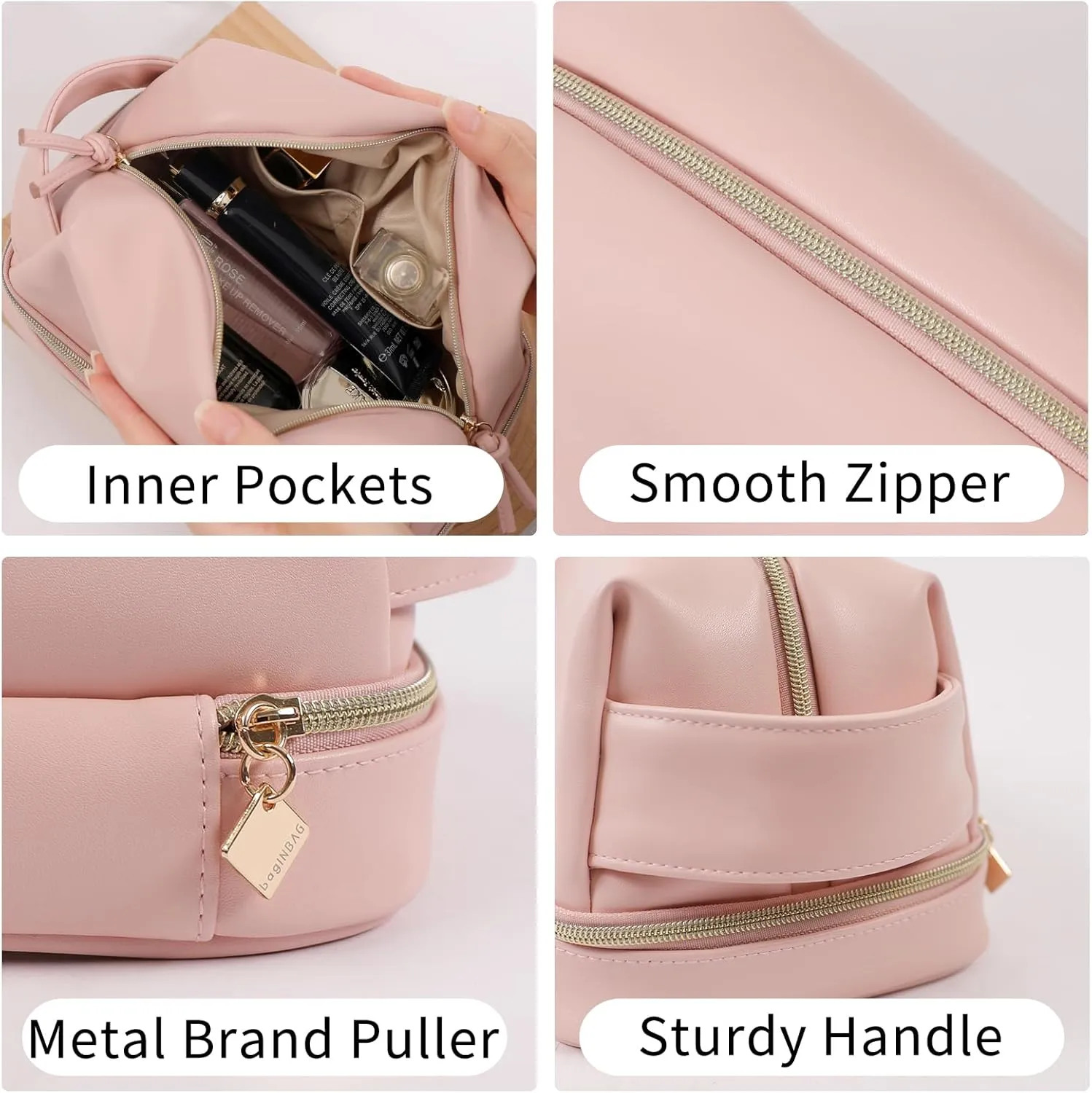 Double Layer Makeup Bag, Large Waterproof Travel Bag with Handle and Brush Compartment for Women (Light Pink)