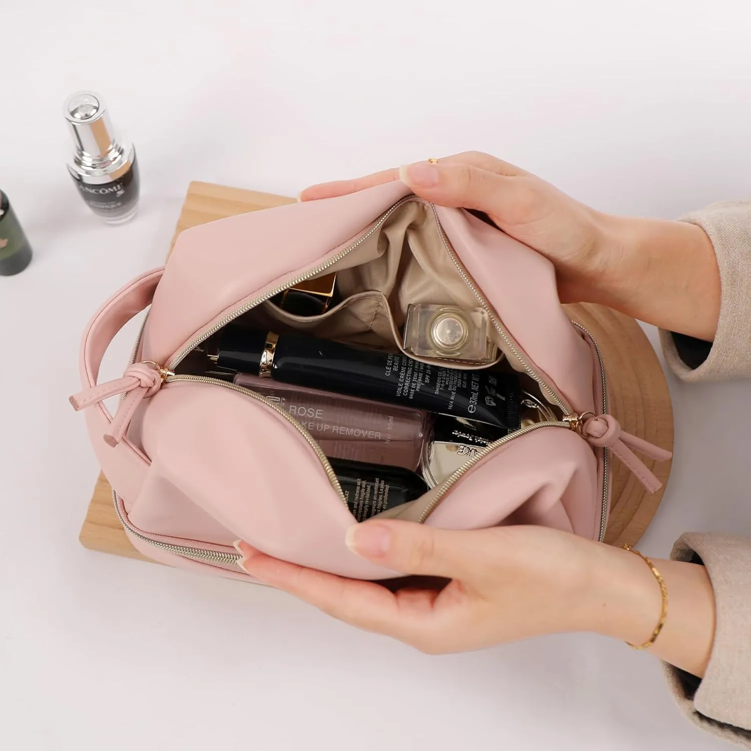Double Layer Makeup Bag, Large Waterproof Travel Bag with Handle and Brush Compartment for Women (Light Pink)