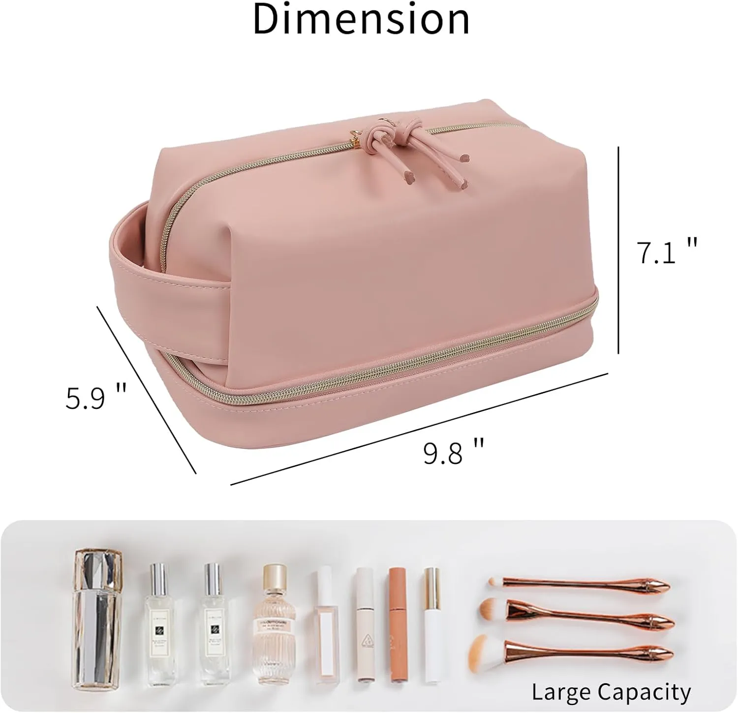 Double Layer Makeup Bag, Large Waterproof Travel Bag with Handle and Brush Compartment for Women (Light Pink)