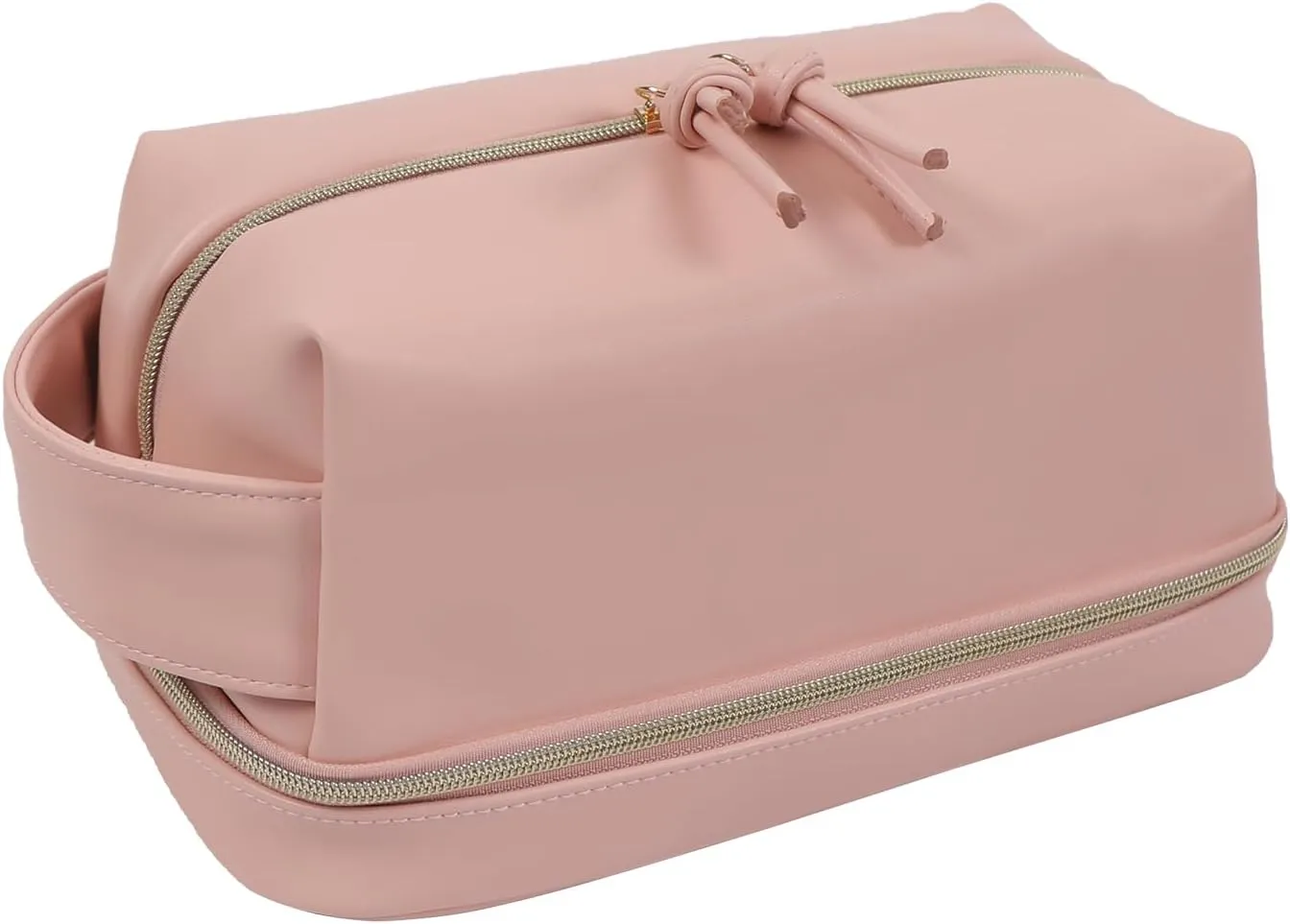 Double Layer Makeup Bag, Large Waterproof Travel Bag with Handle and Brush Compartment for Women (Light Pink)