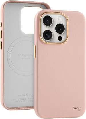 EasyAcc for iPhone 15 Pro Leather Case, [Compatible with Magsafe], Luxurious Vegan Leather Magnetic Phone Case, Protective Slim Case with Metal Buttons & Camera Bezel, Anti-Scratch Phone Cover(Pink)