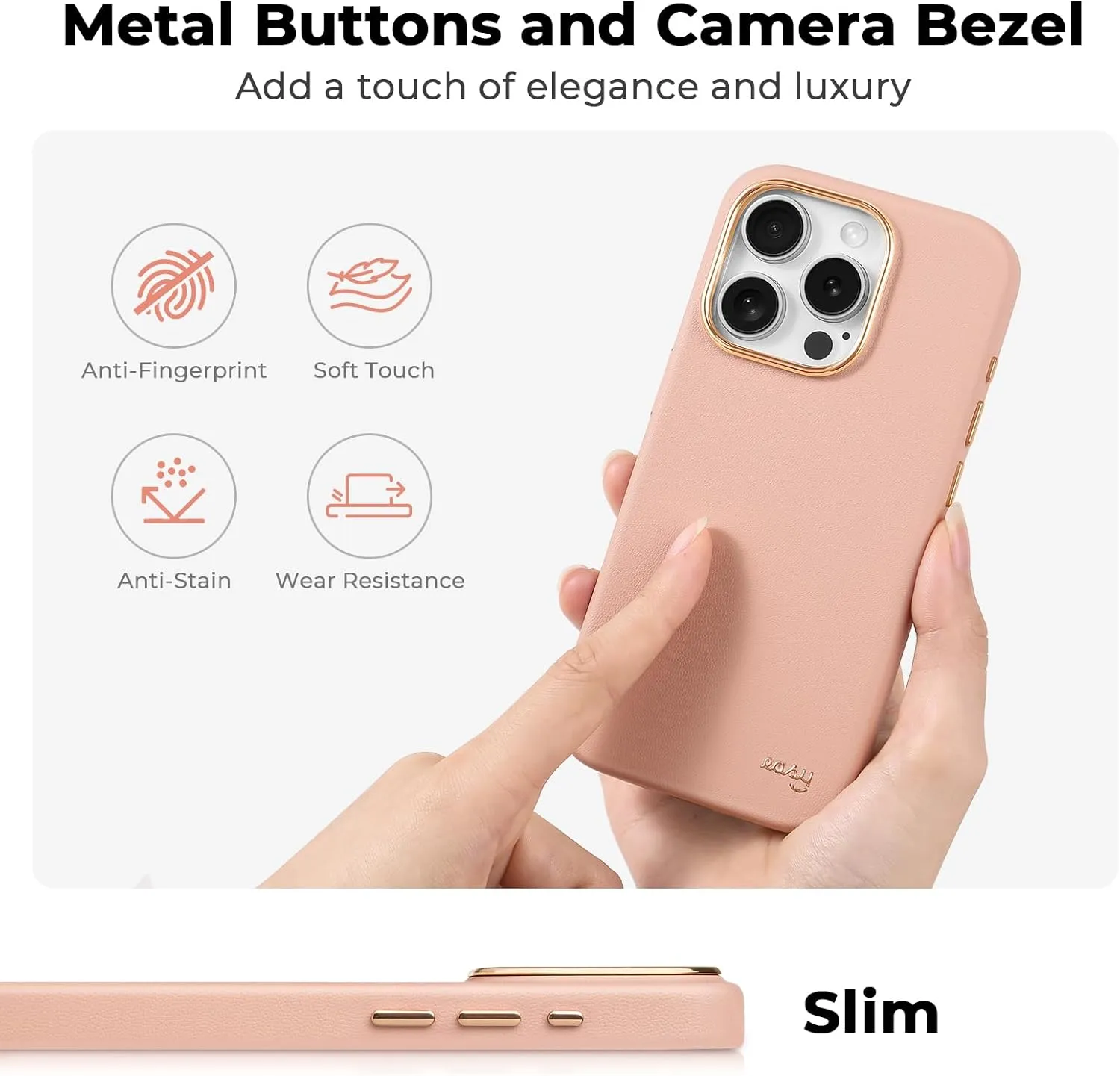 EasyAcc for iPhone 15 Pro Leather Case, [Compatible with Magsafe], Luxurious Vegan Leather Magnetic Phone Case, Protective Slim Case with Metal Buttons & Camera Bezel, Anti-Scratch Phone Cover(Pink)