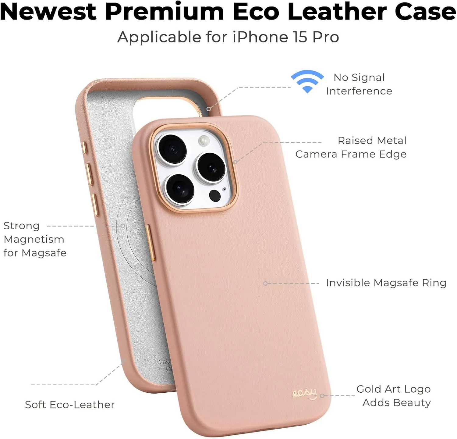 EasyAcc for iPhone 15 Pro Leather Case, [Compatible with Magsafe], Luxurious Vegan Leather Magnetic Phone Case, Protective Slim Case with Metal Buttons & Camera Bezel, Anti-Scratch Phone Cover(Pink)