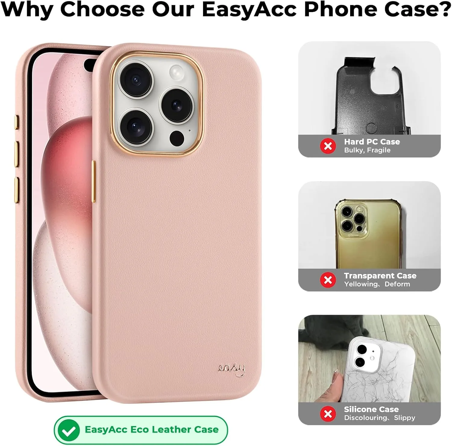 EasyAcc for iPhone 15 Pro Leather Case, [Compatible with Magsafe], Luxurious Vegan Leather Magnetic Phone Case, Protective Slim Case with Metal Buttons & Camera Bezel, Anti-Scratch Phone Cover(Pink)