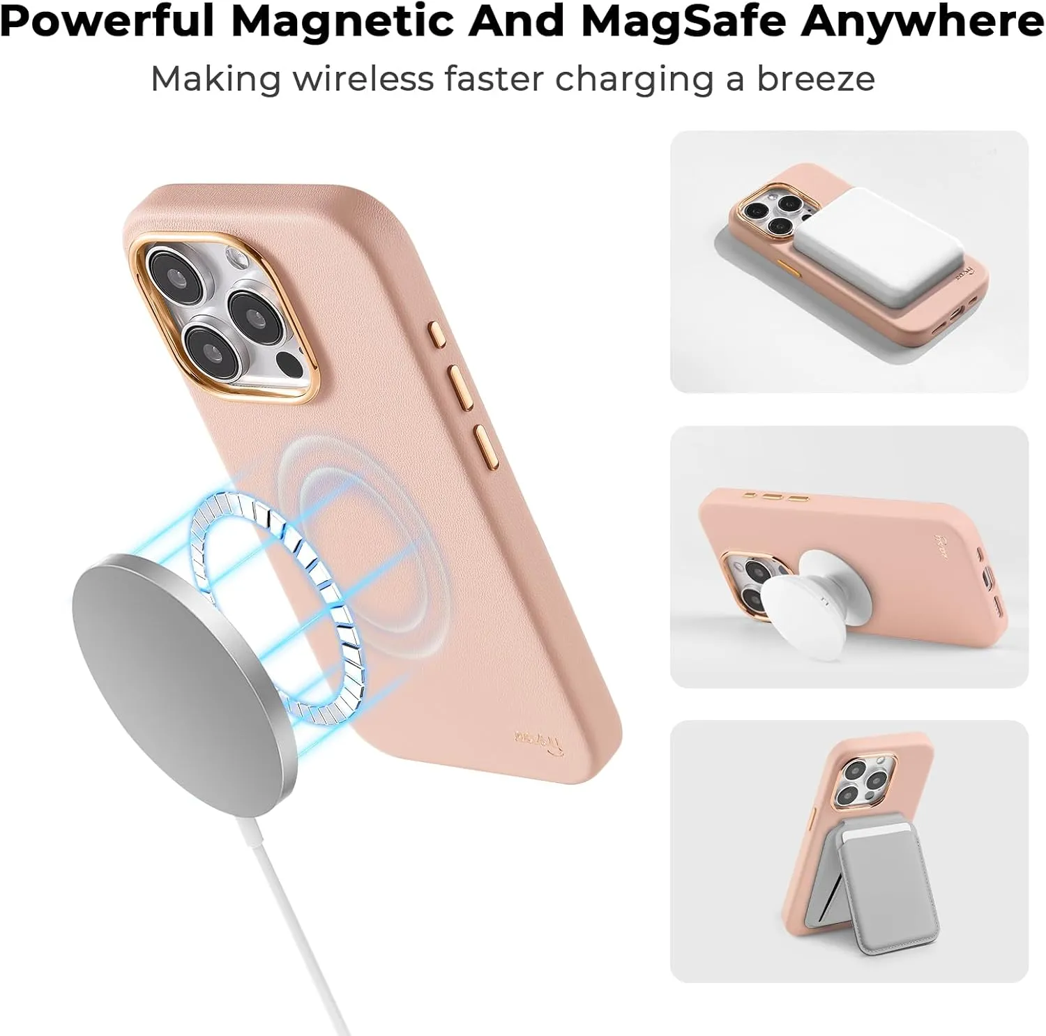EasyAcc for iPhone 15 Pro Leather Case, [Compatible with Magsafe], Luxurious Vegan Leather Magnetic Phone Case, Protective Slim Case with Metal Buttons & Camera Bezel, Anti-Scratch Phone Cover(Pink)
