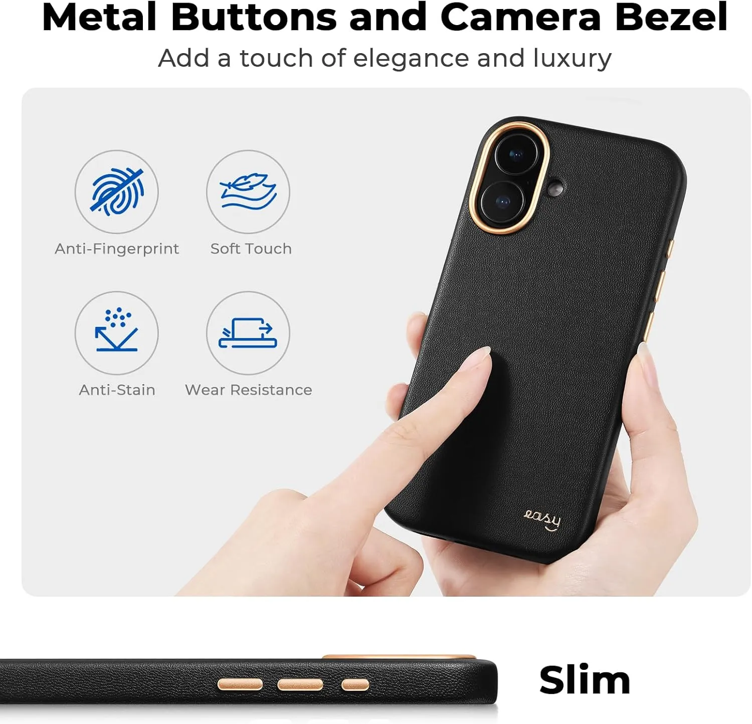 EasyAcc for iPhone 16 Leather Case, [Compatible with Magsafe], Luxurious Vegan Leather Magnetic Phone Case, Protective Slim Case with Metal Buttons & Camera Bezel, Anti-Scratch Phone Cover Black Gold