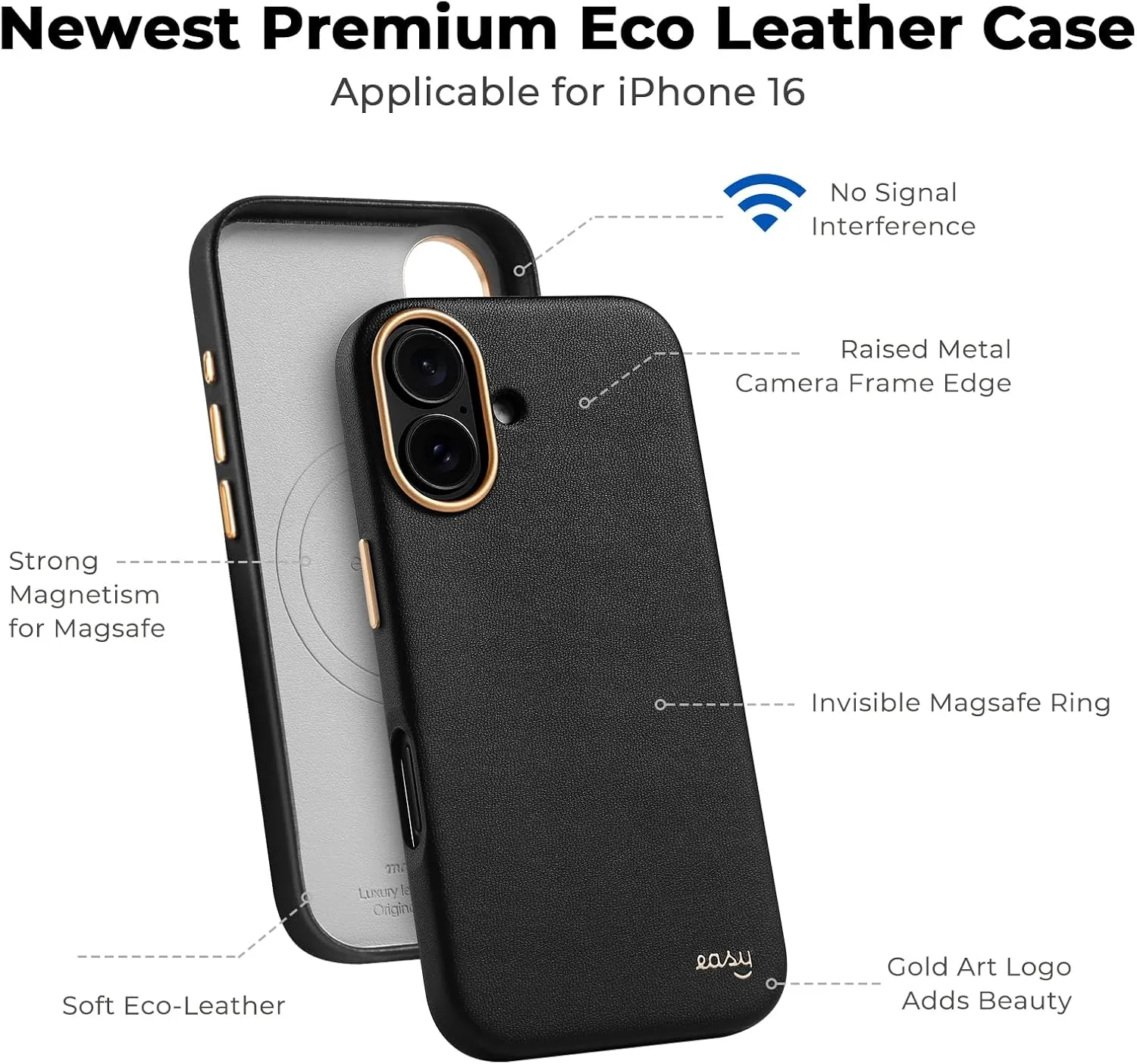 EasyAcc for iPhone 16 Leather Case, [Compatible with Magsafe], Luxurious Vegan Leather Magnetic Phone Case, Protective Slim Case with Metal Buttons & Camera Bezel, Anti-Scratch Phone Cover Black Gold
