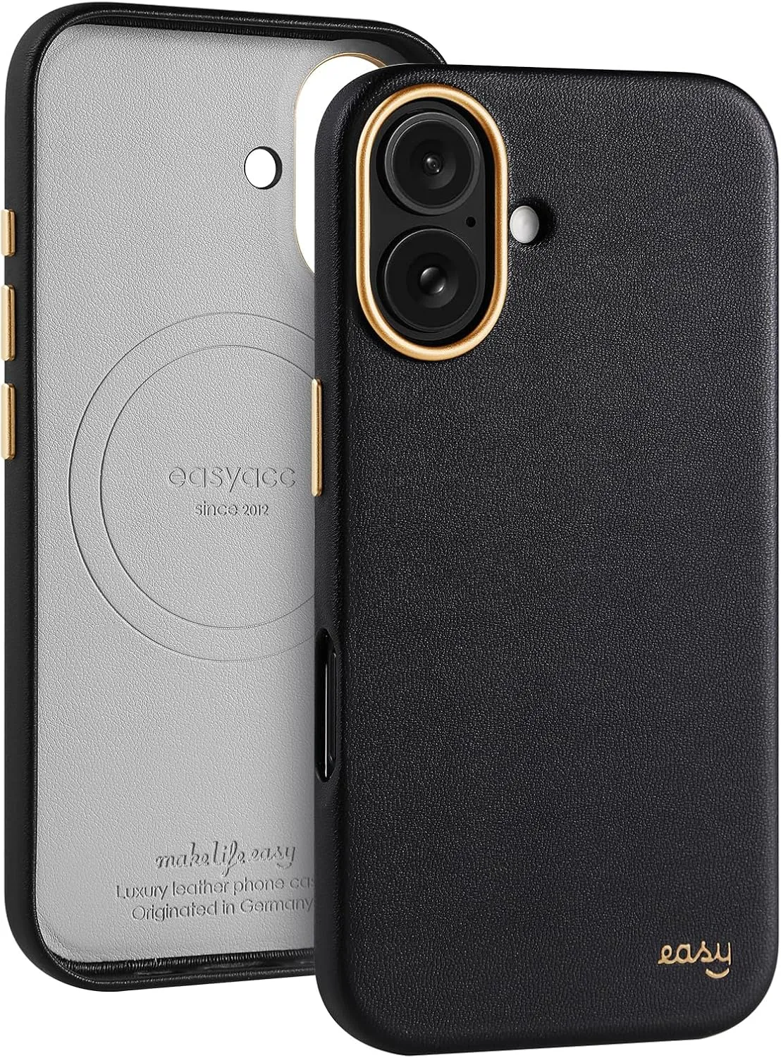 EasyAcc for iPhone 16 Leather Case, [Compatible with Magsafe], Luxurious Vegan Leather Magnetic Phone Case, Protective Slim Case with Metal Buttons & Camera Bezel, Anti-Scratch Phone Cover Black Gold