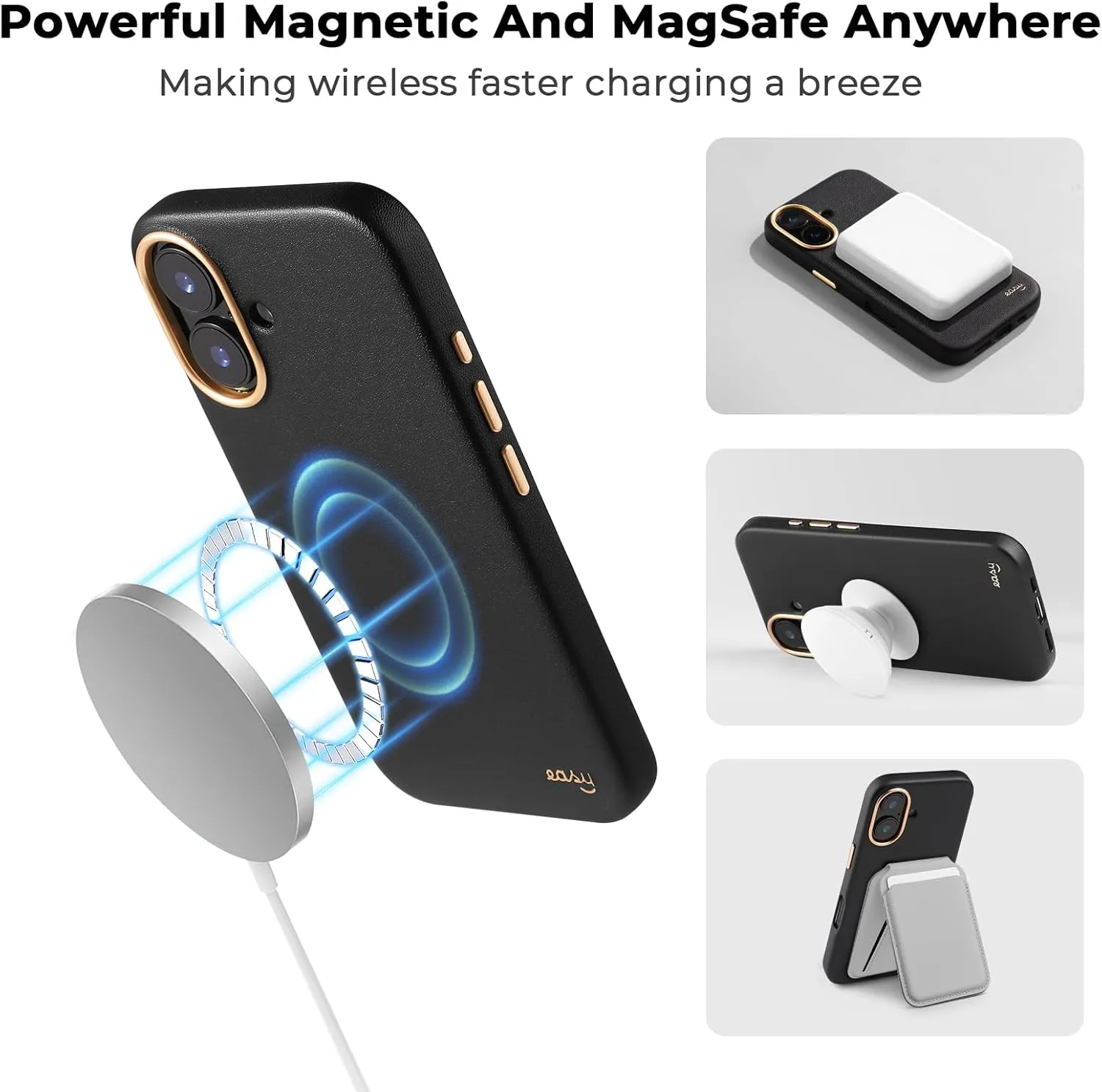 EasyAcc for iPhone 16 Leather Case, [Compatible with Magsafe], Luxurious Vegan Leather Magnetic Phone Case, Protective Slim Case with Metal Buttons & Camera Bezel, Anti-Scratch Phone Cover Black Gold