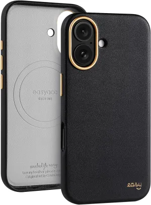 EasyAcc for iPhone 16 Leather Case, [Compatible with Magsafe], Luxurious Vegan Leather Magnetic Phone Case, Protective Slim Case with Metal Buttons & Camera Bezel, Anti-Scratch Phone Cover Black Gold