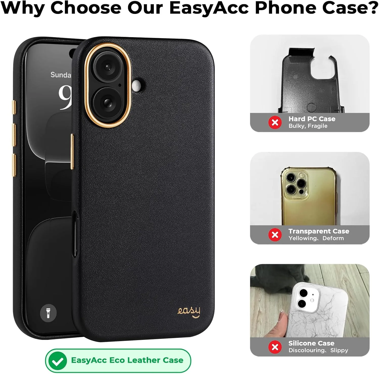 EasyAcc for iPhone 16 Leather Case, [Compatible with Magsafe], Luxurious Vegan Leather Magnetic Phone Case, Protective Slim Case with Metal Buttons & Camera Bezel, Anti-Scratch Phone Cover Black Gold
