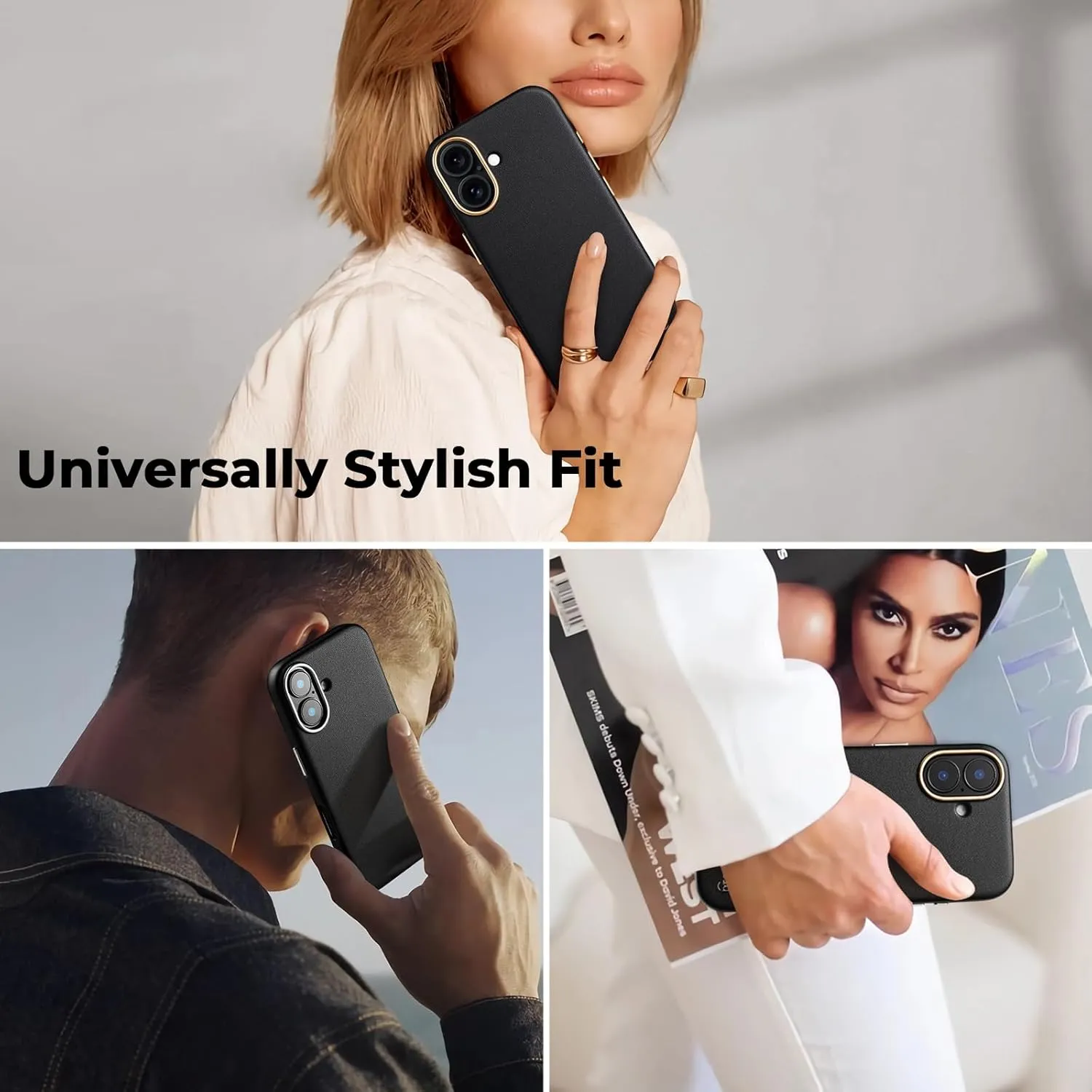 EasyAcc for iPhone 16 Leather Case, [Compatible with Magsafe], Luxurious Vegan Leather Magnetic Phone Case, Protective Slim Case with Metal Buttons & Camera Bezel, Anti-Scratch Phone Cover Black Gold