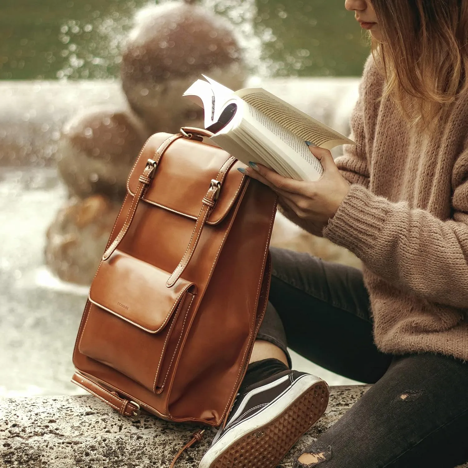 ECOSUSI Laptop Backpack for Women PU Leather Backpack Vintage for Laptop 15.6 inches Computer Bag College Bookbag